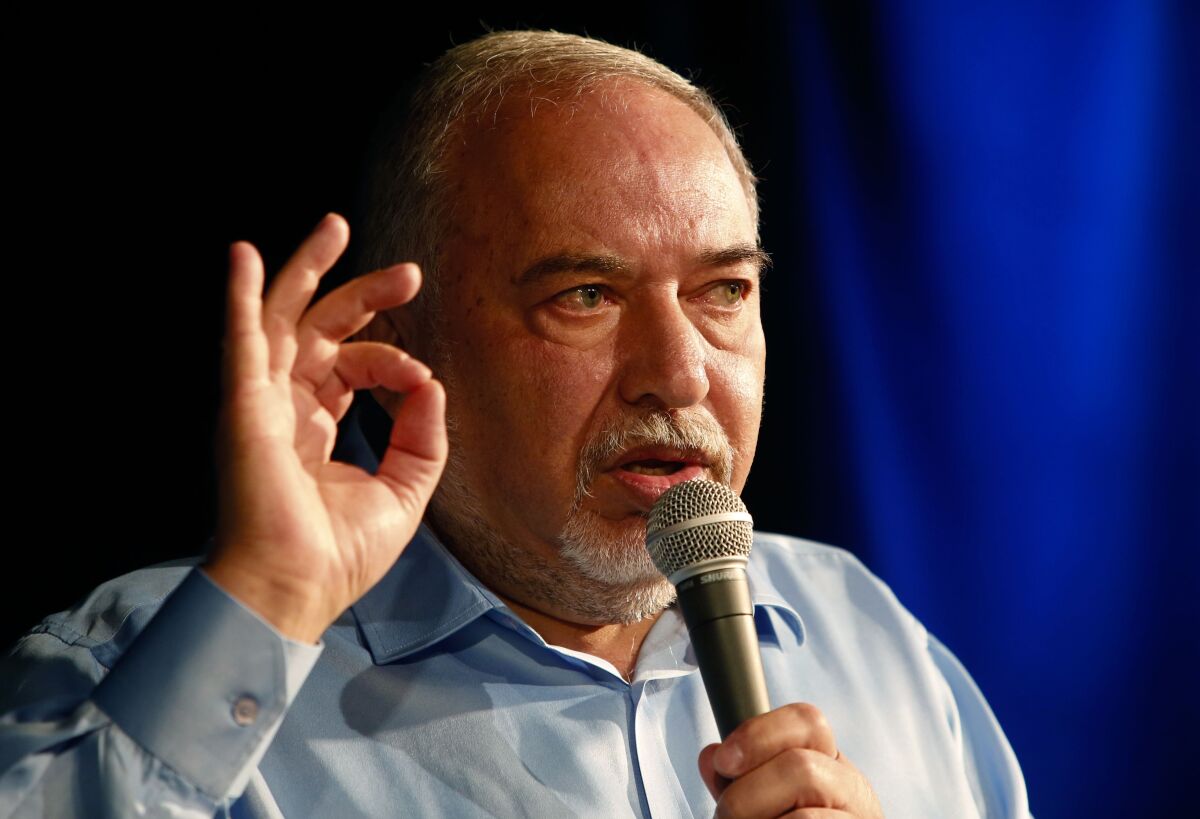 Israeli politician Avigdor Lieberman, leader of the nationalist Yisrael Beiteinu party, speaks during an election panel in Givatayim near Tel Aviv on Sept. 13, 2019, ahead of the parliamentary polls scheduled for Sept. 17.