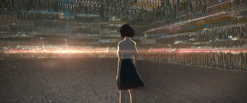 An animated girl stands looking out onto a vast virtual world.