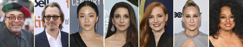 This combination photo of celebrities with birthdays from March 20-26 shows Spike Lee, from left, Gary Oldman, Constance Wu, Marin Hinkle, Jessica Chastain, Sarah Jessica Parker and Diana Ross. (AP Photo)