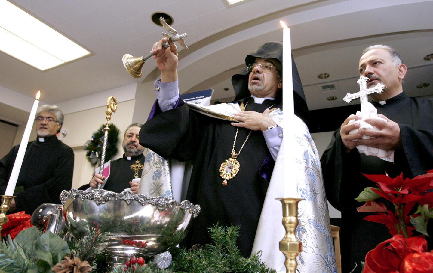 His Eminence Archbishop Moushegh Mardirossian of the Armenian Apostolic Church presides over blessing of the water during Armenian Christmas celebration at Glendale Memorial Hospital in Glendale on Thursday, January 5, 2011.