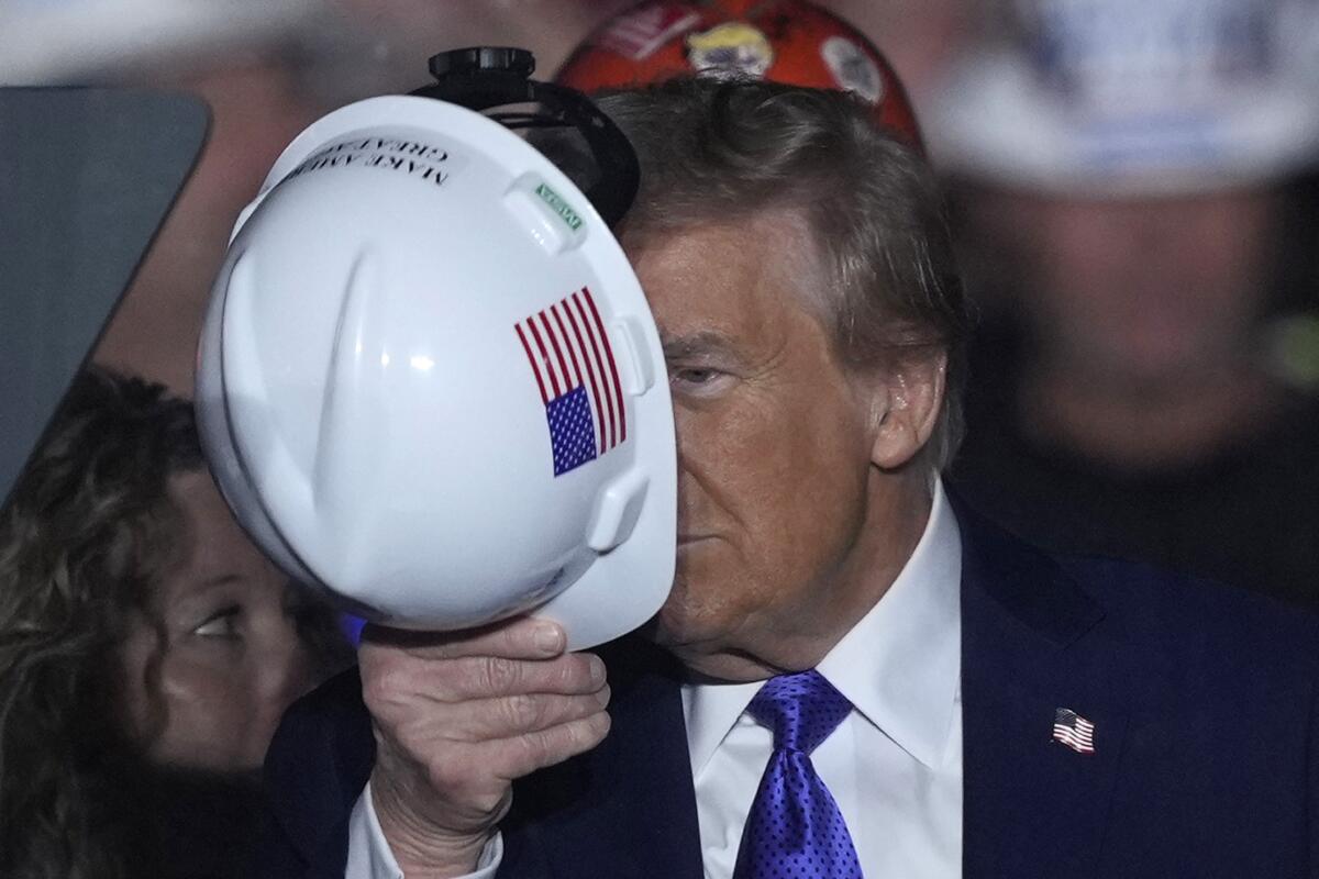 Donald Trump dons a hardhat as he speaks at a campaign rally.