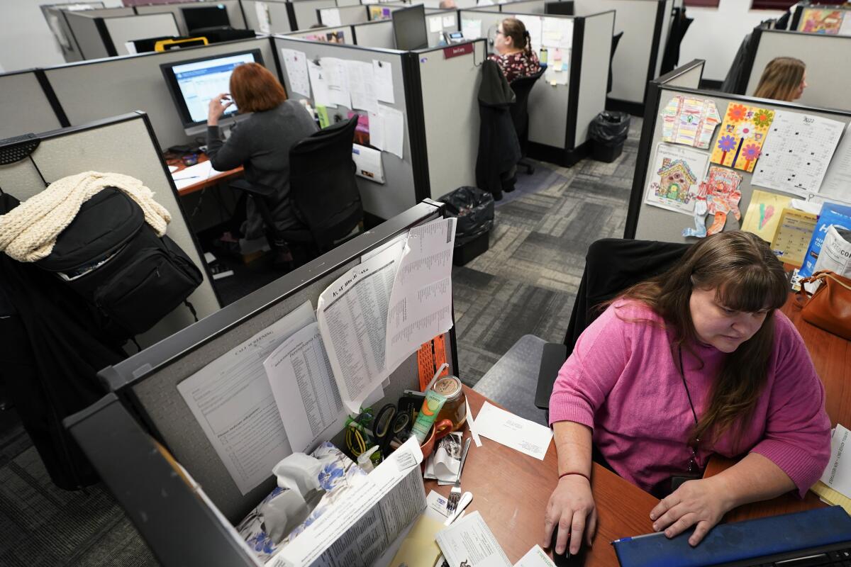 Workers field calls in office cubicles