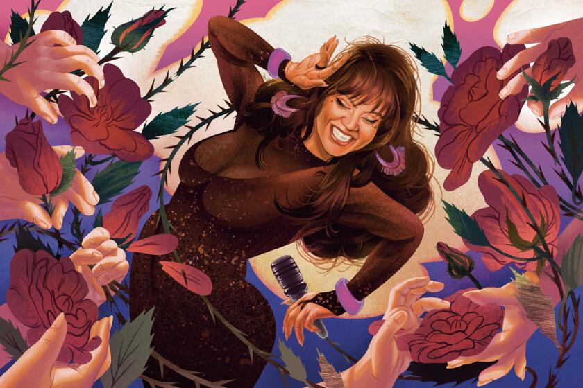Illustration of Jenni Rivera performing surrounded by roses and thorns and grasping hands