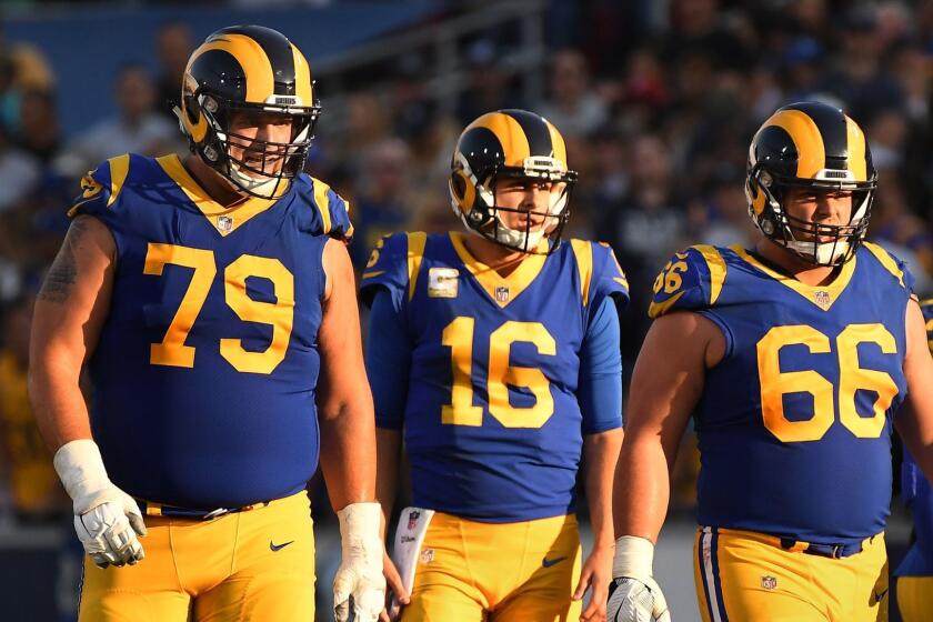 LOS ANGELES, CALIFORNIA NOVEMBER 11, 2018-Rams tackle Rob Havenstein (79) stands with Rams quarterback Jared Goff (16) and Austin Blythe at the Coliseum Sunday. (Wally Skalij/Los Angeles Times)