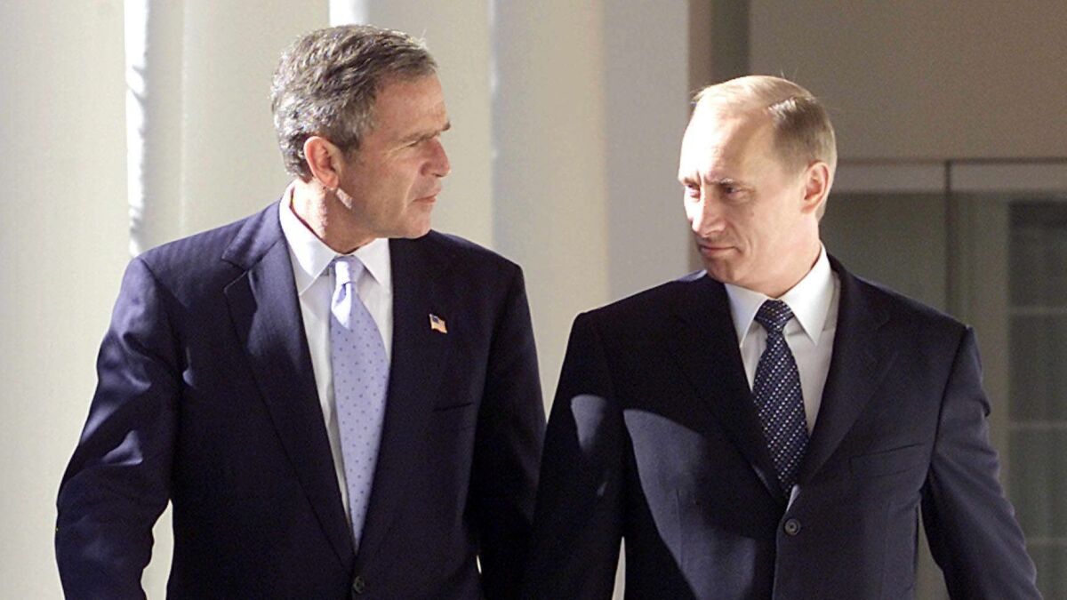 President George W. Bush and Russian President Vladimir Putin at the White House on Nov. 13, 2001.