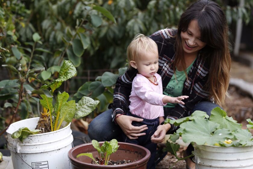 Nicole Blum with her 16 month old daughter Caira in the garden.