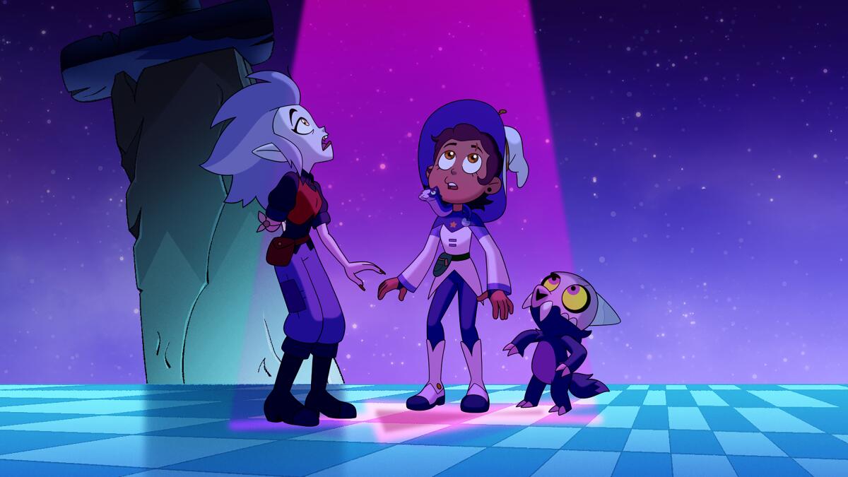 Three animated characters looking up under a purple light beam 