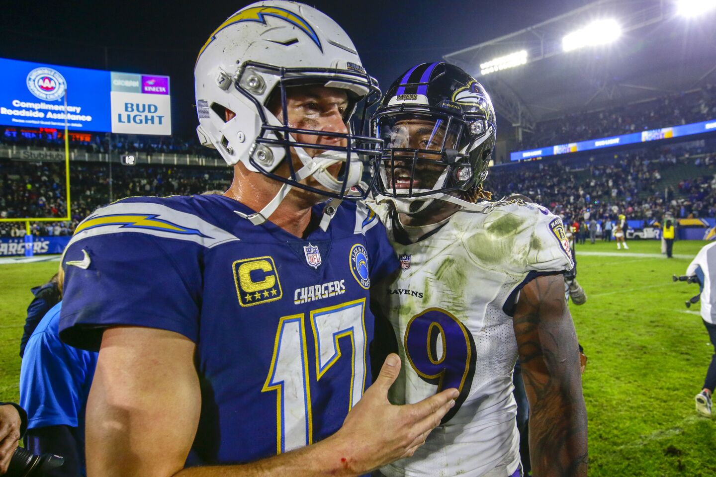 Ravens linebacker Matthew Judon gives Chargers quarterback Philip Rivers an earful of taunting soon after the Ravens defeated the Chargers 22-10 at StubHub Center.