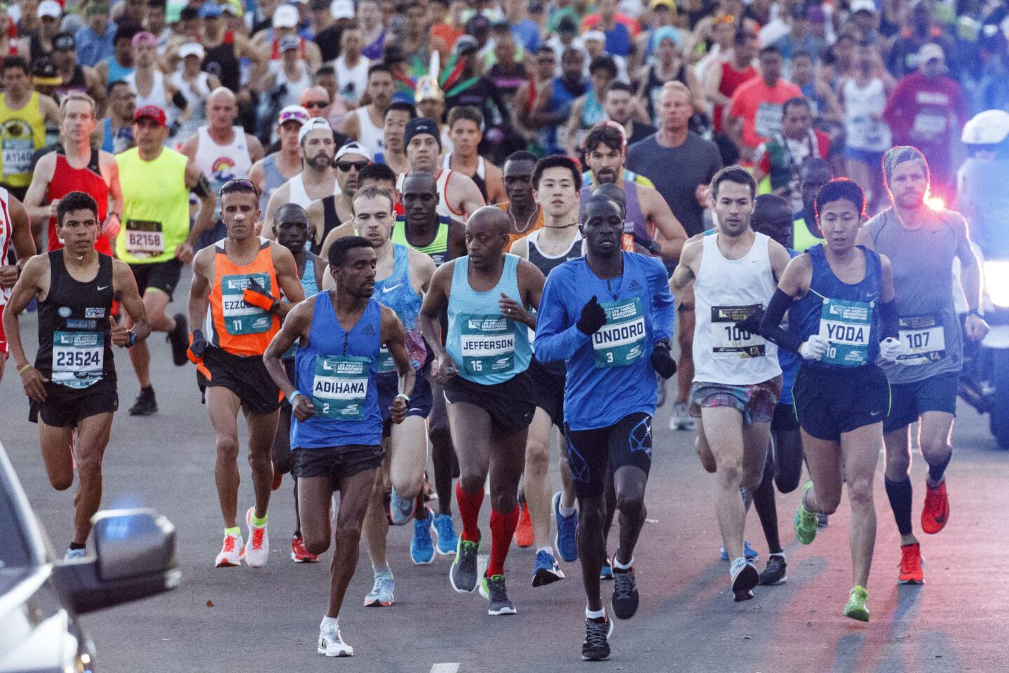 The elite men start the L.A. Marathon at Dodger Stadium on March 18.