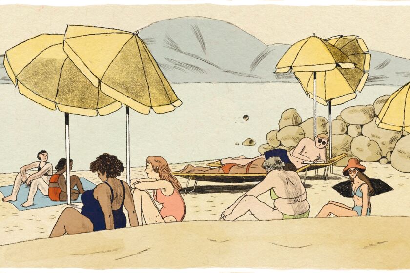 Illustration of several people relaxing at the beach.