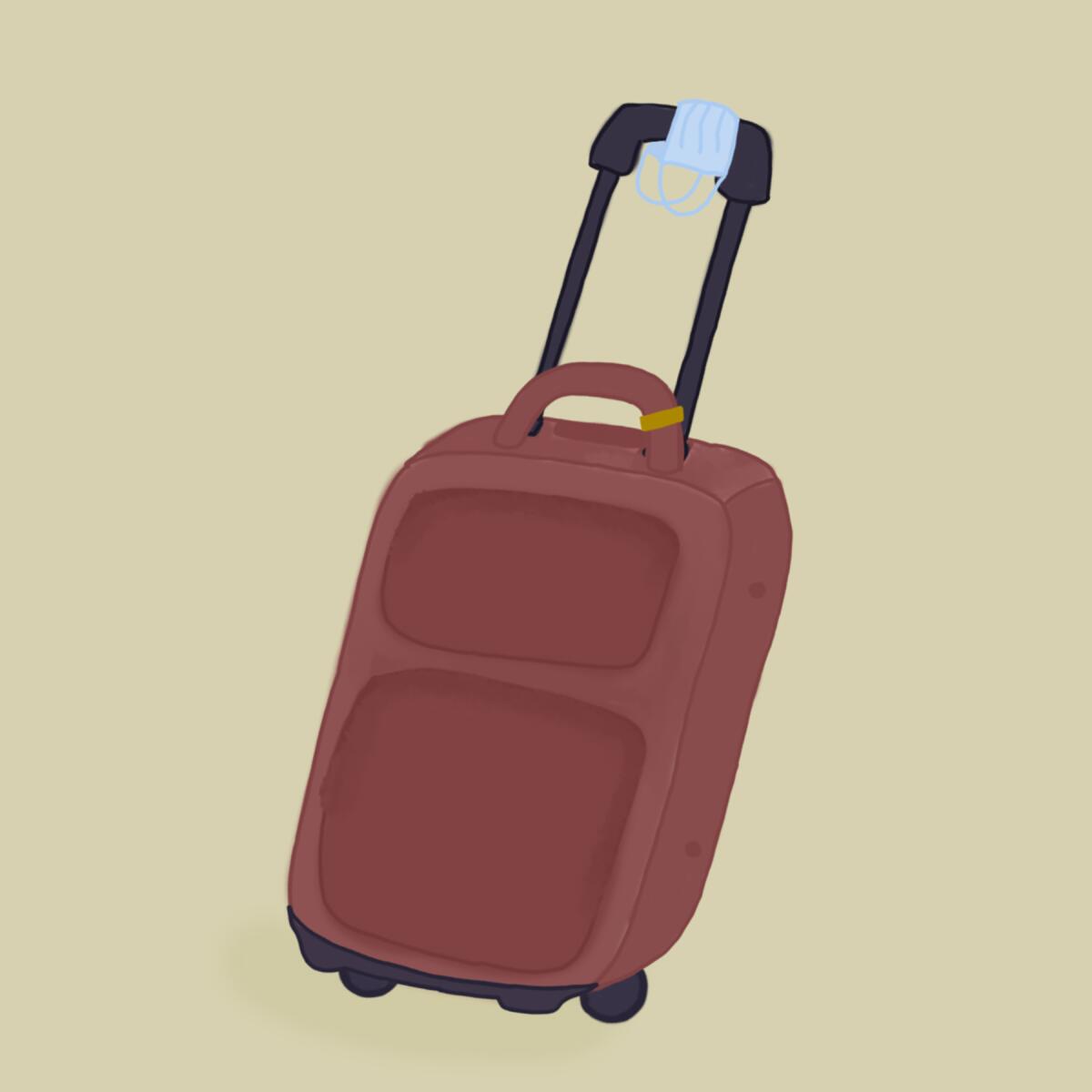 Illustration of a suitcase with a face mask on it.