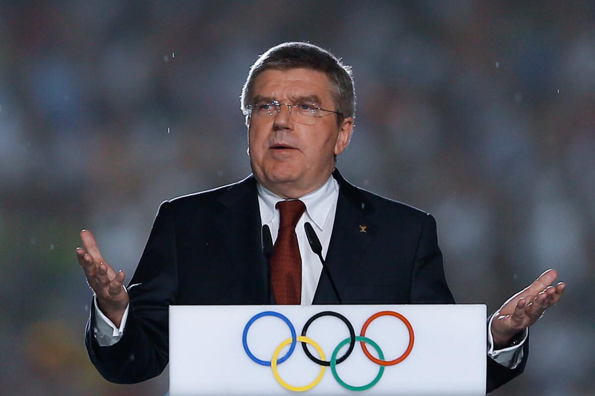 International Olympic Committee President Thomas Bach delivers a speech during the closing ceremony of Nanjing 2014 Summer Youth Olympic Games on Aug. 28.