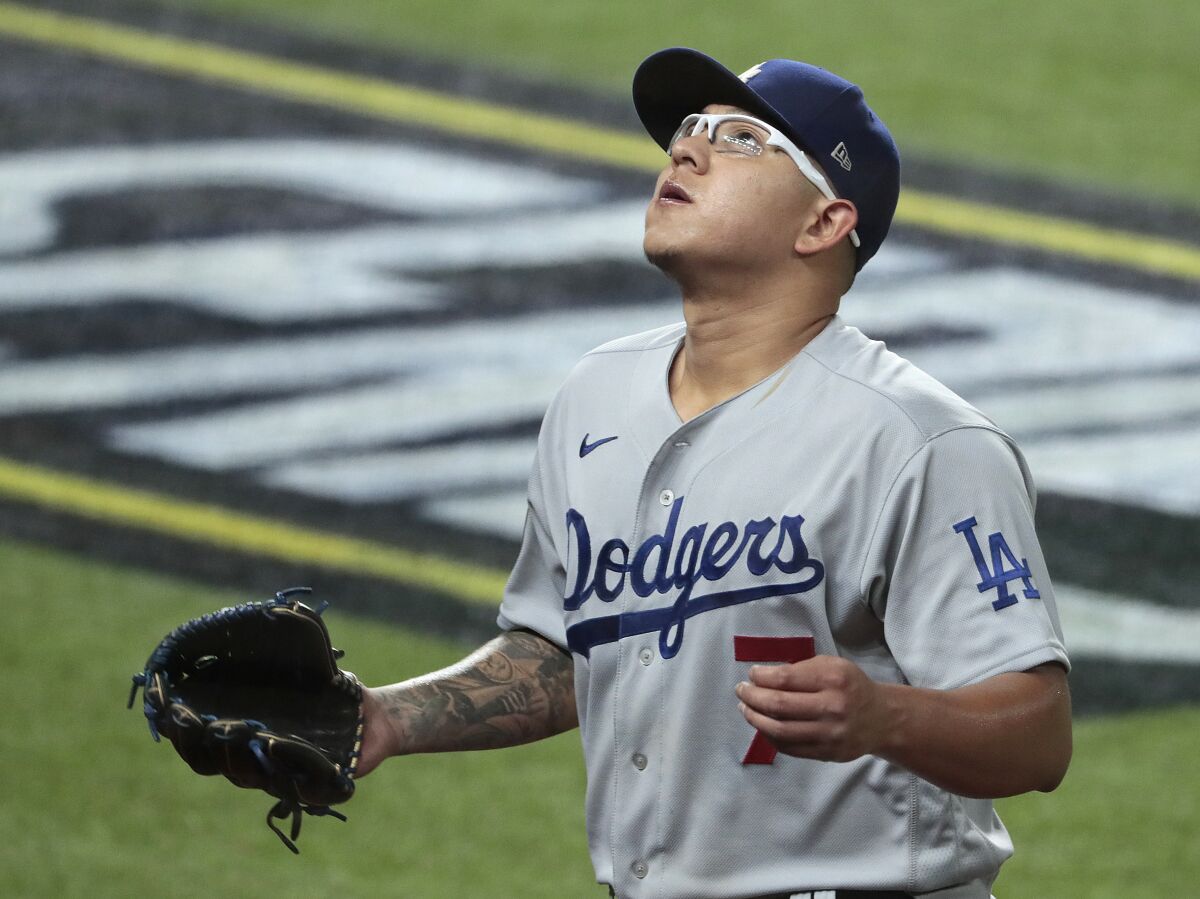 Dodgers pitcher Julio Urías leaves Game 4 of the 2020 World Series.