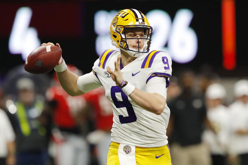 ATLANTA, GEORGIA - DECEMBER 07: Joe Burrow #9 of the LSU Tigers throws a pass in the first half against the Georgia Bulldogs during the SEC Championship game at Mercedes-Benz Stadium on December 07, 2019 in Atlanta, Georgia. (Photo by Kevin C. Cox/Getty Images)