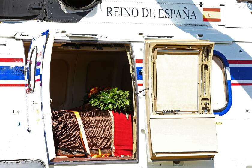Editorial use only Mandatory Credit: Photo by JAVIER LIZON/POOL/EPA-EFE/REX (10454991ag) A funeral car heads to Mingorrubio cemetery in El Pardo, Madrid, Spain, 24 October 2019, with the coffin of late dictator Francisco Franco that will be reburied after his exhumation from Valle de los Caidos memorial. Spanish dictator Francisco Franco will be exhumed on 24 October 2019, a year after the Government started the administrative procedures to remove Franco's remains from the El Valle de los Caidos memorial. Franco?s remains will be taken to Mingorrubio cemetery following Supreme Court orders. Franco has been buried at the El Valle de los Caidos memorial since his death in 1975. Franco's remains to be removed from memorial, El Pardo, Spain - 24 Oct 2019 ** Usable by LA, CT and MoD ONLY **