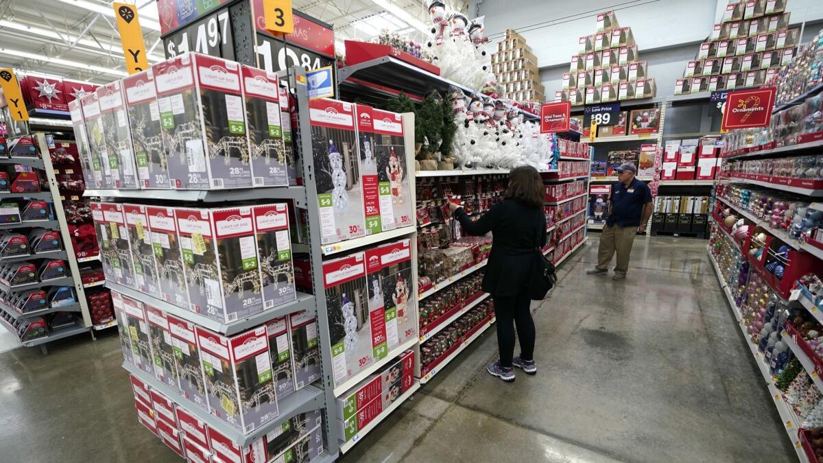 Christmas decorations fill shelves of a Walmart store in Houston earlier this month.