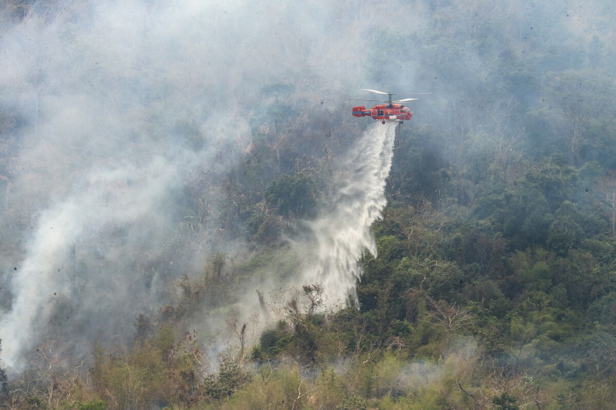 A helicopter makes a water drop on a hot spot of a forest fire in Nakhon Nayok province, northeast of Bangkok, Thailand, Thursday, March 30, 2023. Thai authorities sent helicopters Thursday to try to contain the wildfire that overnight engulfed two mountains on largely undeveloped forest land in the province northeast of the capital Bangkok. (AP Photo/Nava Sangthong)