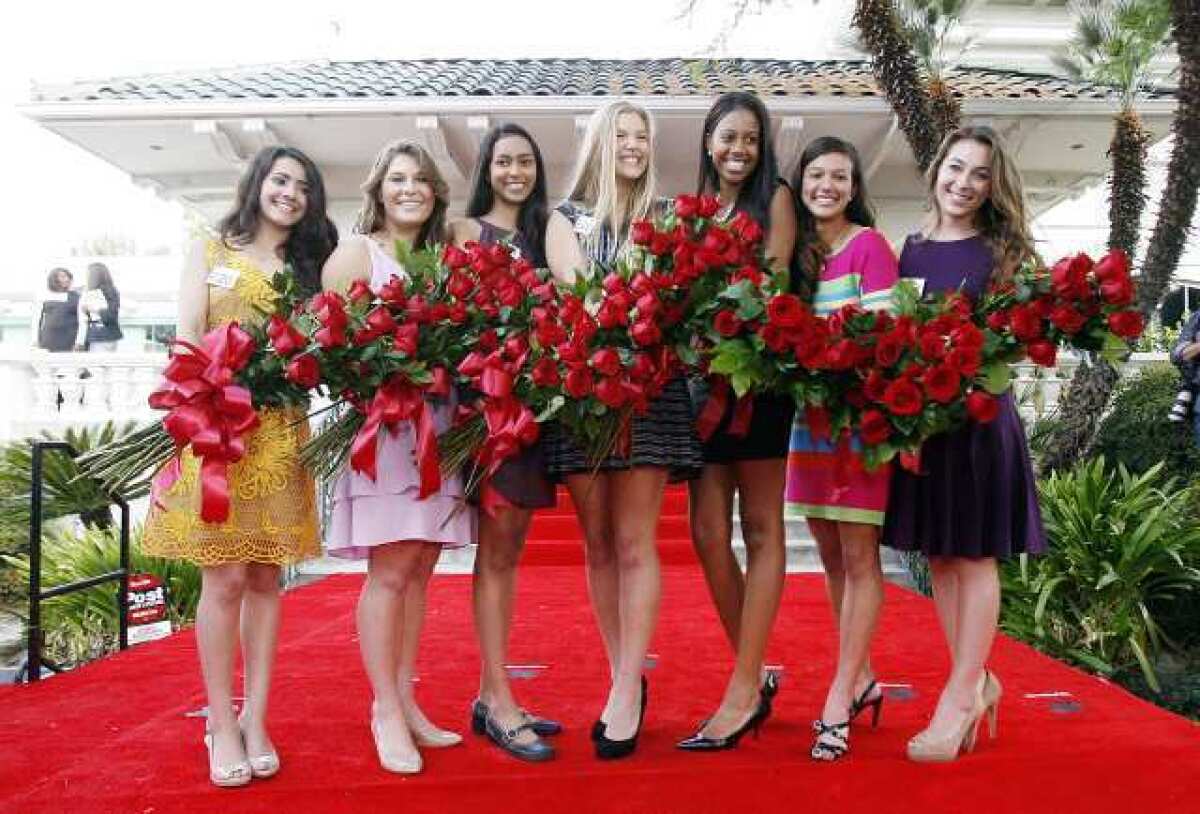 The Tournament of Roses 2013 Royal Court. From left: Vanessa Manjarrez; Madison Teodo; Sonia Shenoi; Kathryne Benuska; Nicole Nelam; Tracy Cresta; and Victoria McGregor.