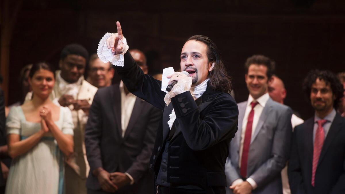Lin-Manuel Miranda onstage after the opening-night performance of "Hamilton" in New York on Aug. 6, 2015.
