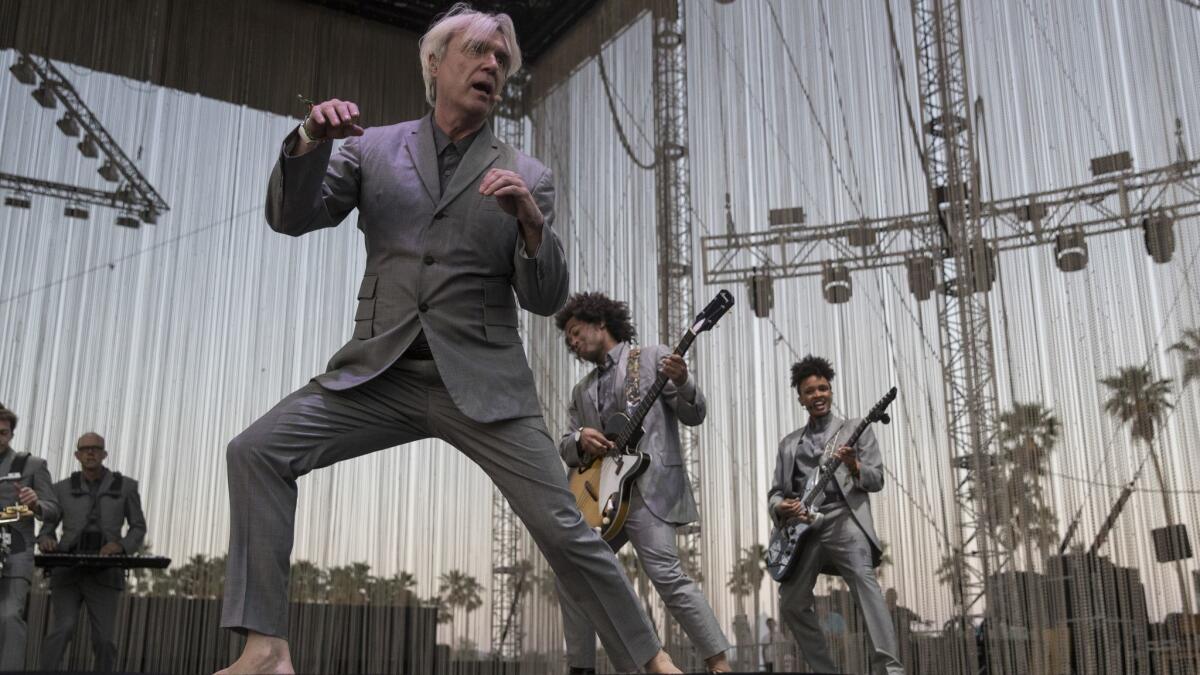 David Byrne and his band, all in custom Kenzo at the Coachella Valley Music and Arts Festival in Indio, Calif., on April 14, 2018.
