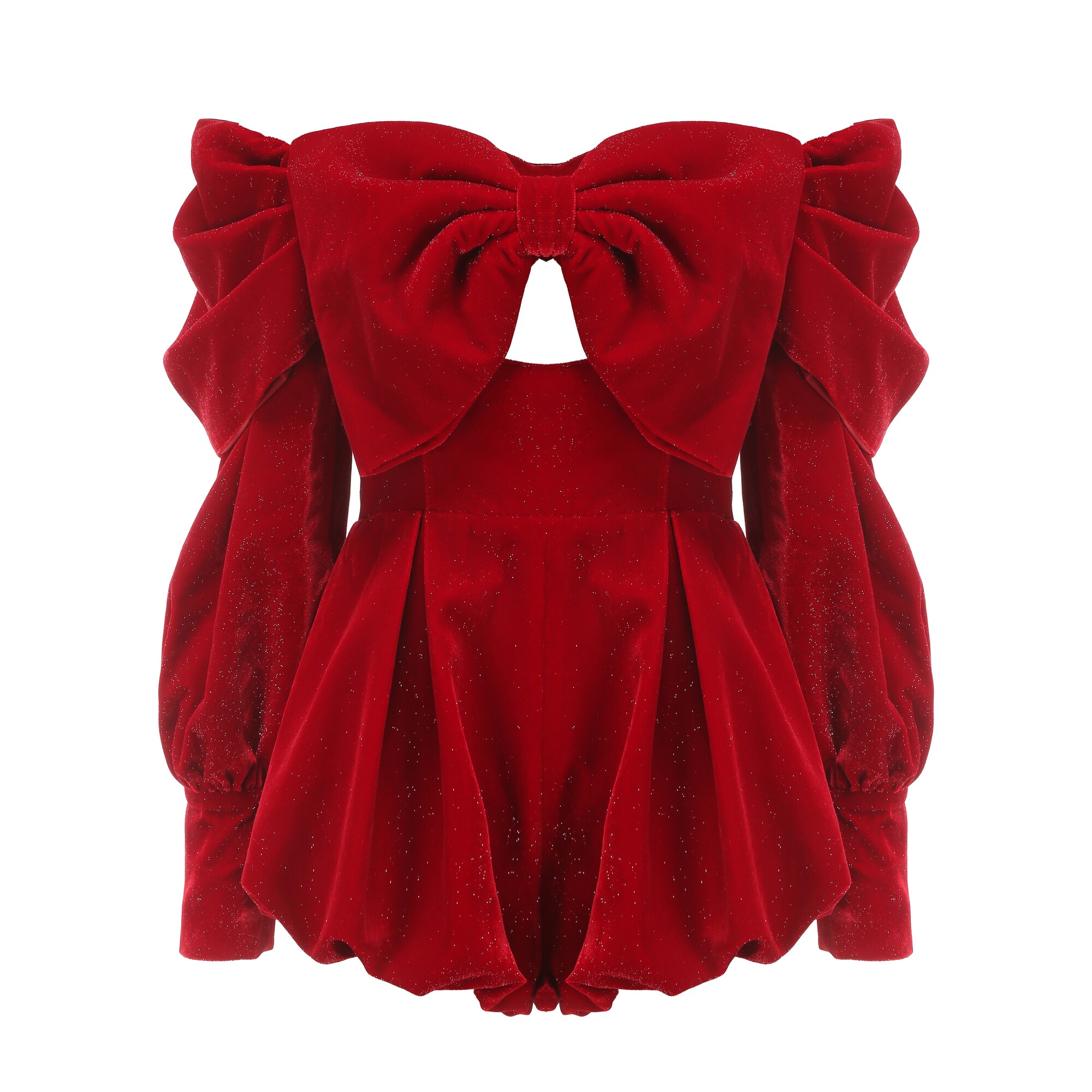 A flouncy red long-sleeved, short-legged jumpsuit with bow neckline.