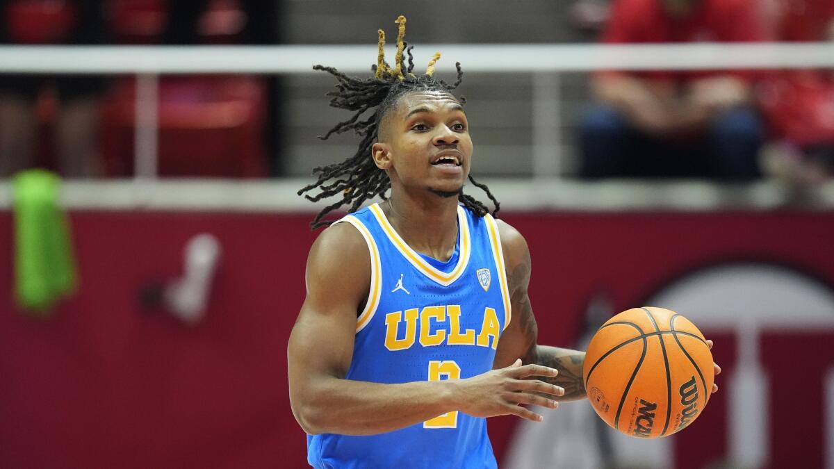 UCLA guard Dylan Andrews brings the ball up court.