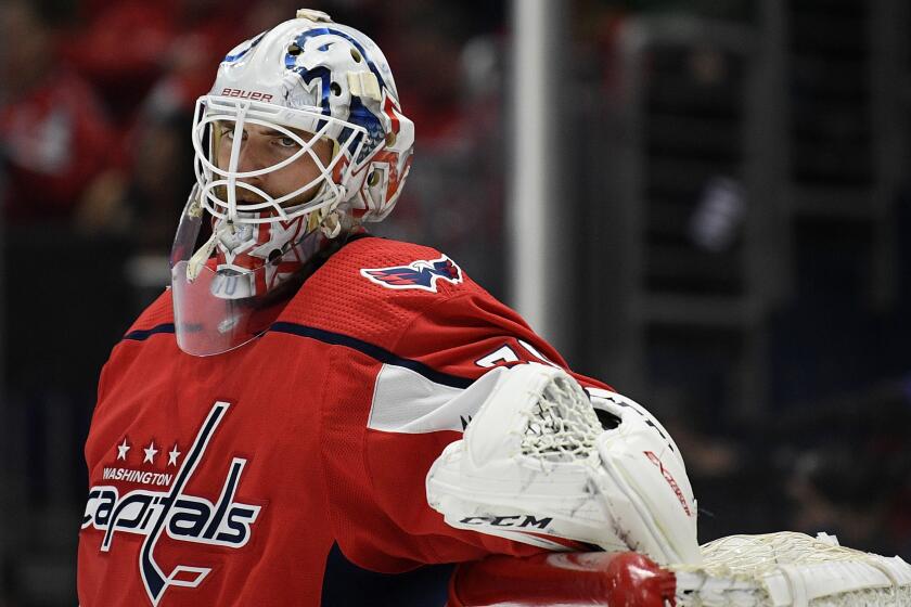 Washington Capitals goaltender Braden Holtby (70) stands on the ice during the first period of an NHL hockey game against the Winnipeg Jets, Tuesday, Feb. 25, 2020, in Washington. (AP Photo/Nick Wass)