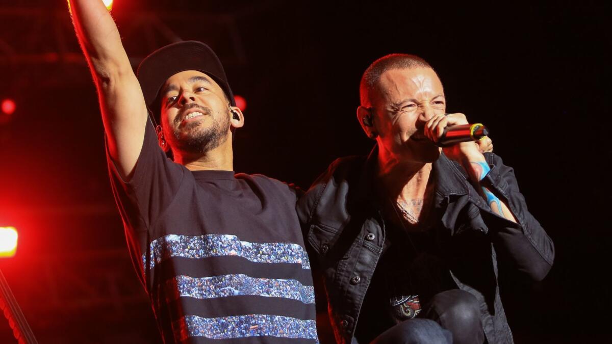 Mike Shinoda, left, and Chester Bennington of Linkin Park in Columbus, Ohio, in May 2015.