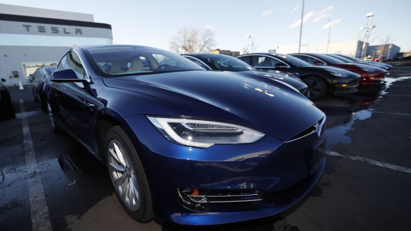 An unsold 2019 Tesla Model S 75D at a Tesla dealership in Littleton, Colo., in February.