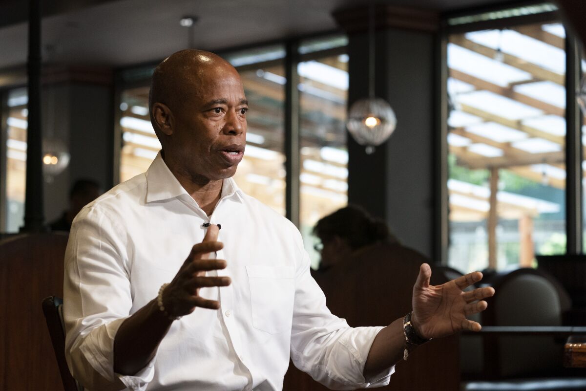 Eric Adams, the Democratic candidate for New York mayor, speaks during an interview at a Brooklyn diner, Wednesday, Aug. 4, 2021, in New York. (AP Photo/Mark Lennihan)