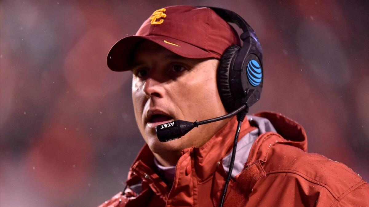 USC Coach Clay Helton looks on during the Trojans' 31-27 loss to Utah on Sept. 23.
