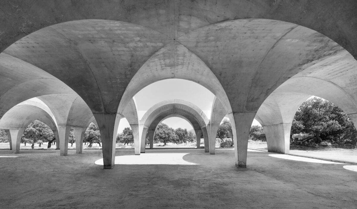 The underside of a curving structure with many pillars.