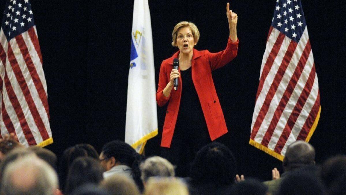 Sen. Elizabeth Warren (D-Mass.) addresses a town hall meeting in Roxbury, Mass., on Oct. 13.