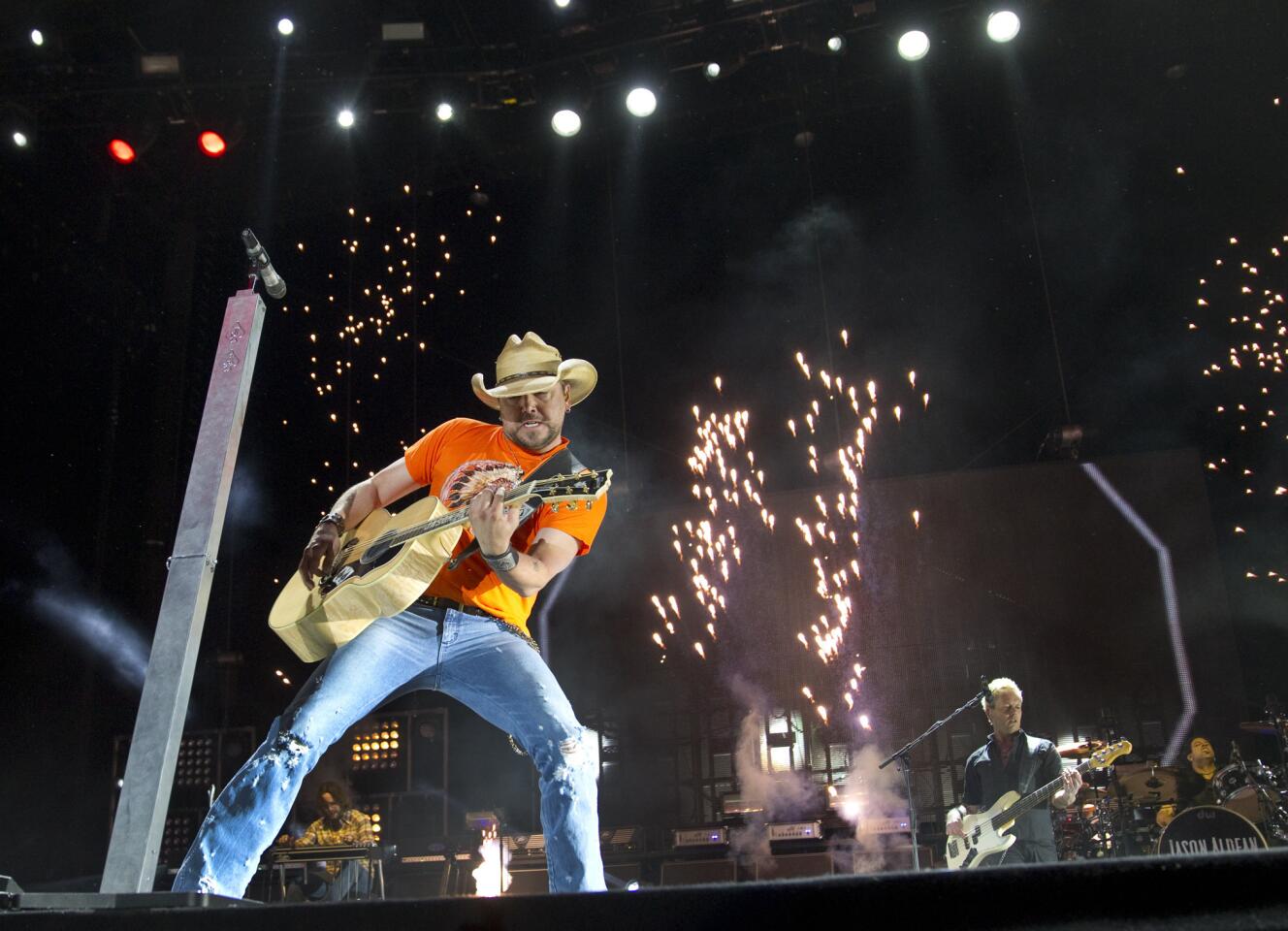 Jason Aldean performs as he headlines Day 2 of the three-day Stagecoach Country Music Festival in Indio.