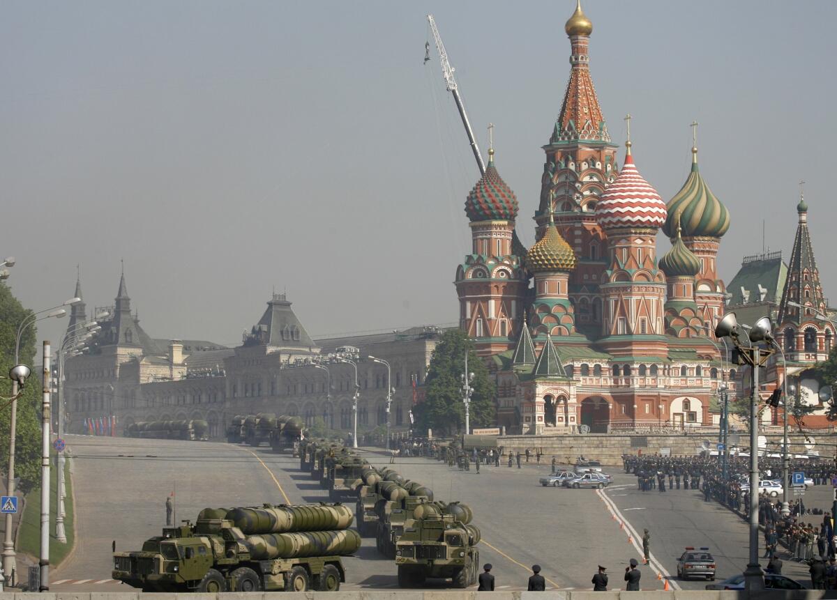 Russian S-300 air defense missiles roll through Red Square during a rehearsal May 5, 2008, for a Victory Day parade in Moscow.