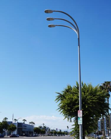 A three-headed street lamp in Van Nuys in Los Angeles.