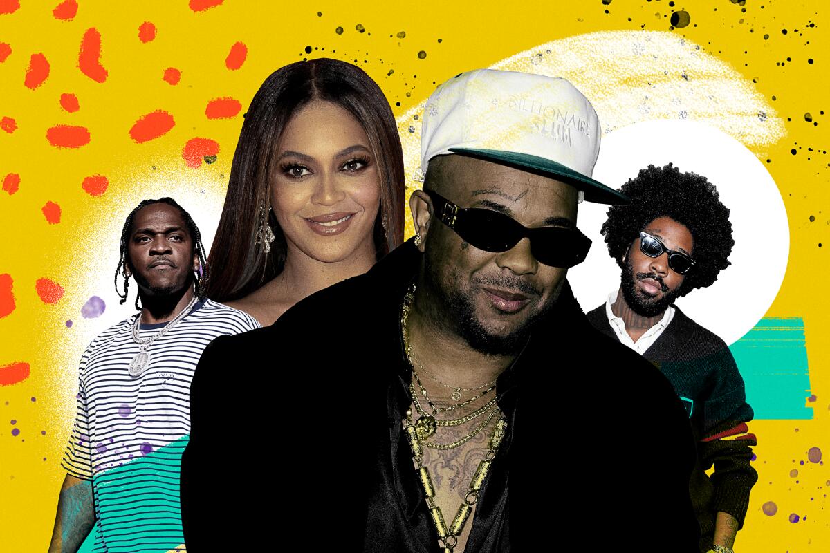 A collage illustration showing The-Dream, Beyoncé, Pusha T and Brent Faiyaz.