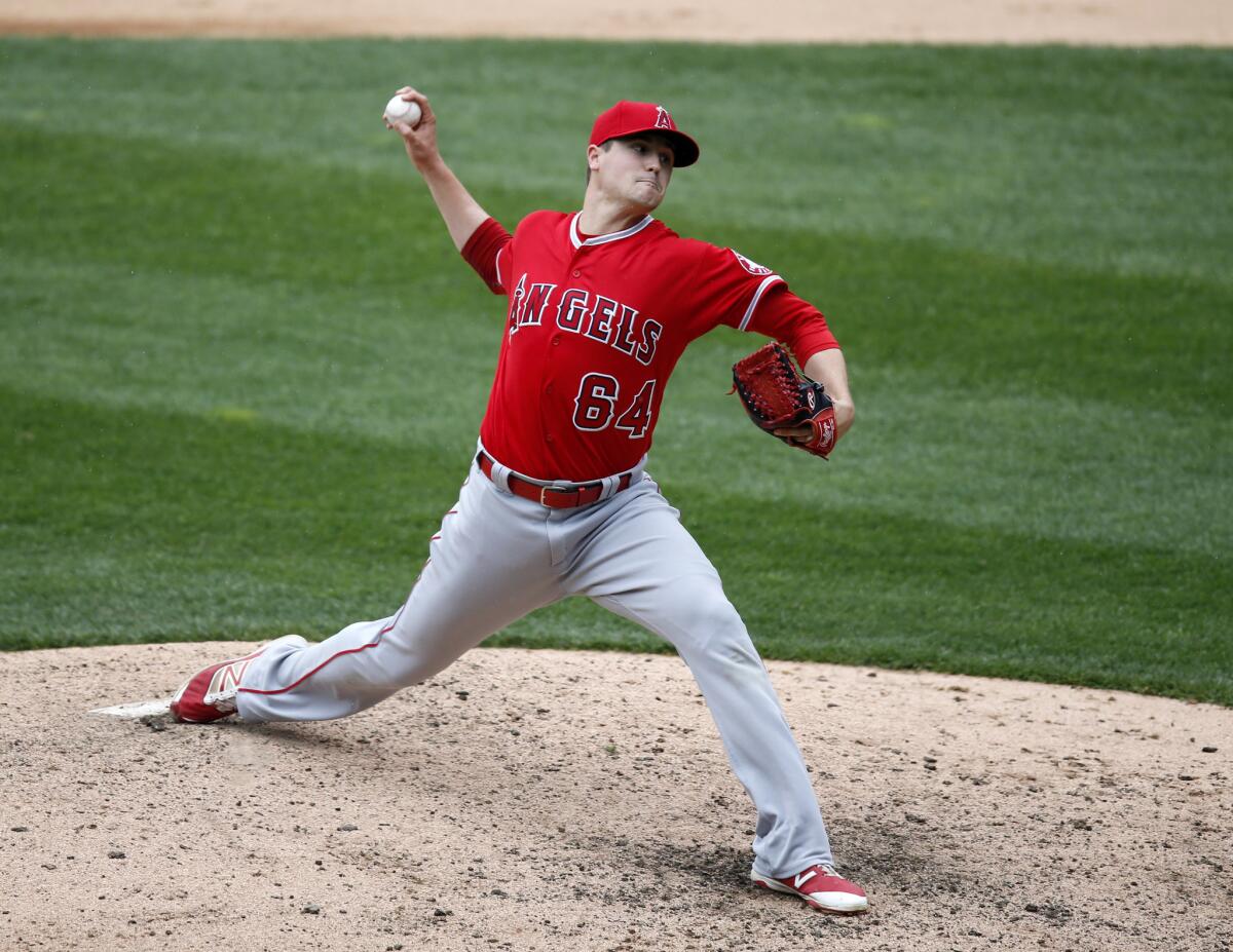 Angels relief pitcher Mike Morin delivers during a game against the Chicago White Sox on April 20.