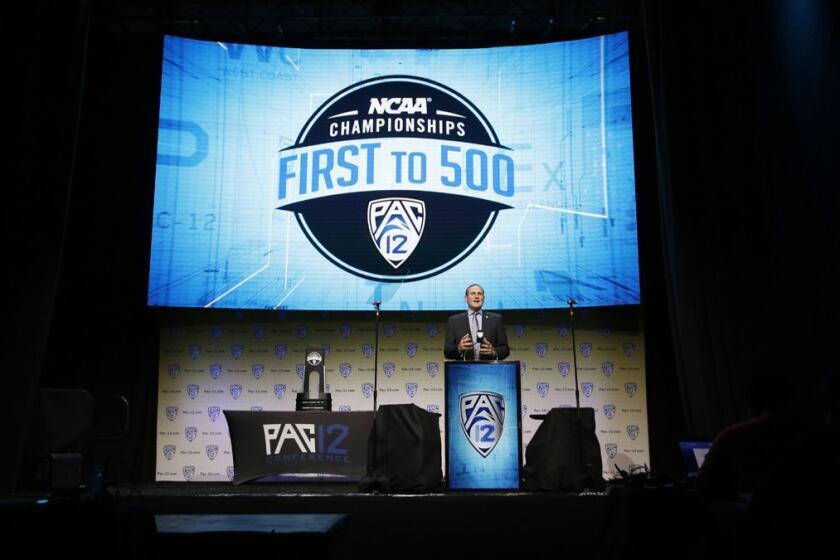 LOS ANGELES, CALIF. -- WEDNESDAY, JULY 26, 2017: Commissioner Larry Scott at Pac-12 Football Media Days in the Ray Dolby Ballroom at Hollywood & Highland Center in Los Angeles, Calif., on July 26, 2017. (Gary Coronado / Los Angeles Times)
