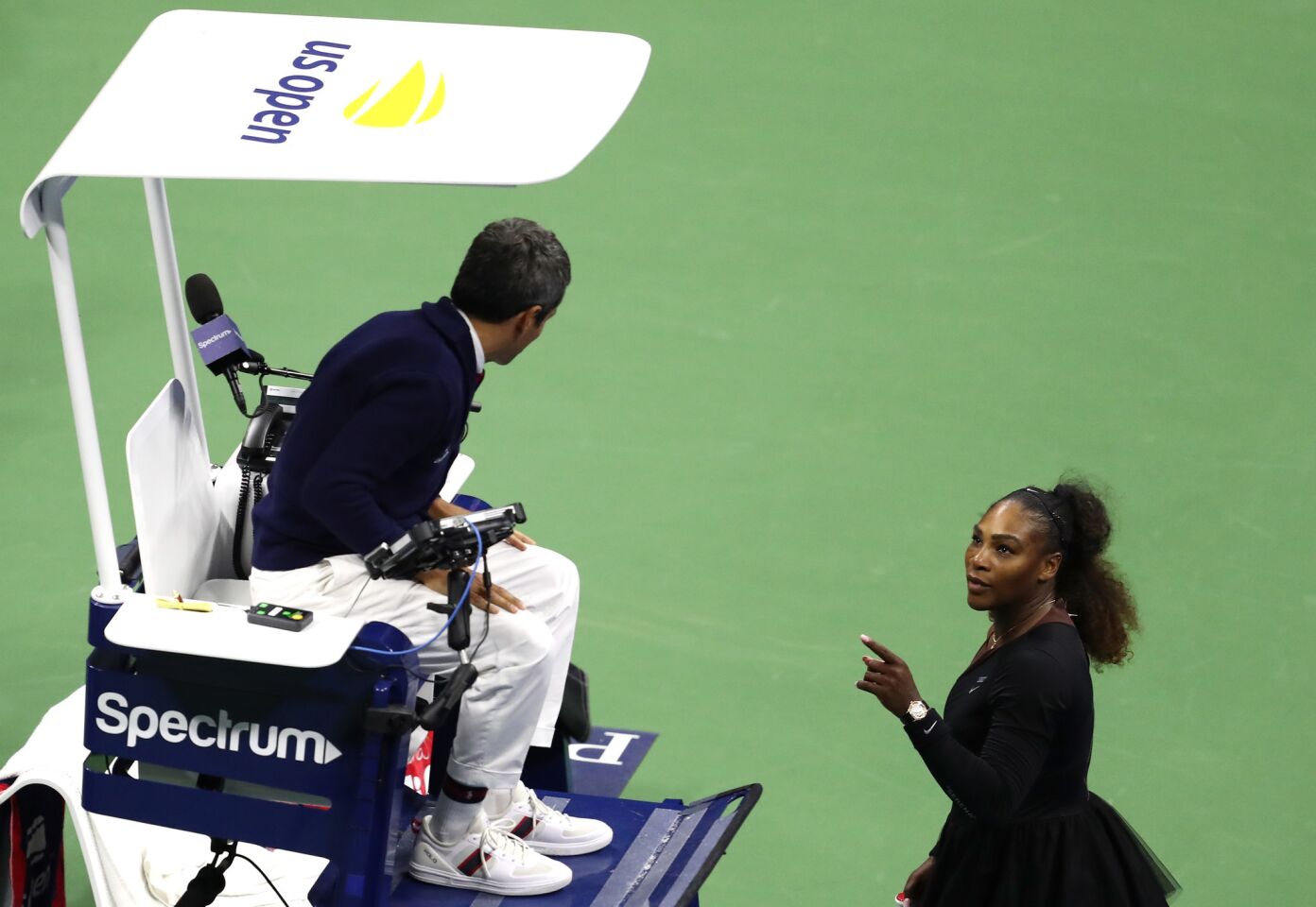 NEW YORK, NY - SEPTEMBER 08: Serena Williams of the United States reacts to umpire Carlos Ramos after her defeat in the Women's Singles finals match to Naomi Osaka of Japan on Day Thirteen of the 2018 US Open at the USTA Billie Jean King National Tennis Center on September 8, 2018 in the Flushing neighborhood of the Queens borough of New York City. (Photo by Al Bello/Getty Images) ** OUTS - ELSENT, FPG, CM - OUTS * NM, PH, VA if sourced by CT, LA or MoD **