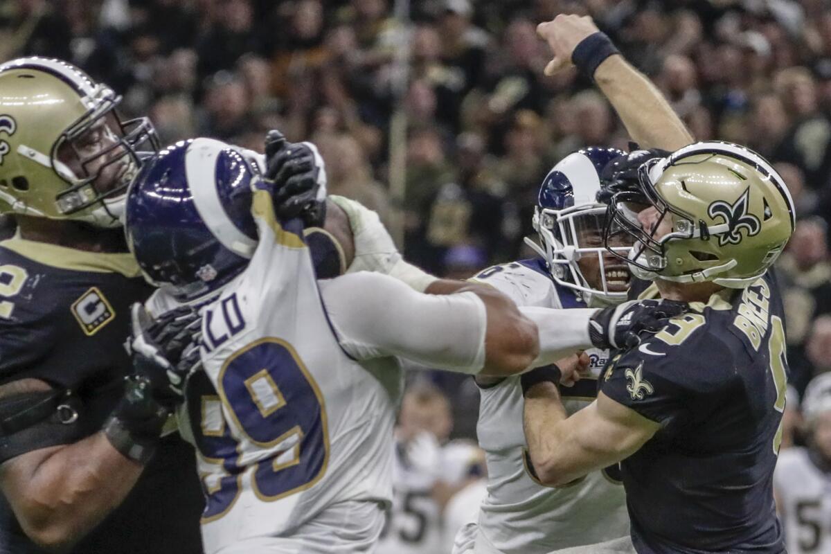 Aaron Donald pressures Drew Brees in the NFC championship game in January.