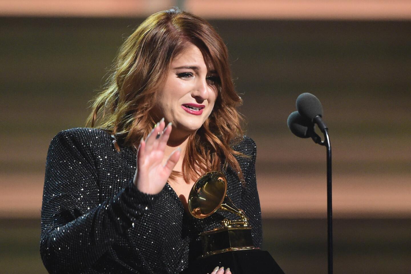A teary Meghan Trainor recieves the award for best new artist.