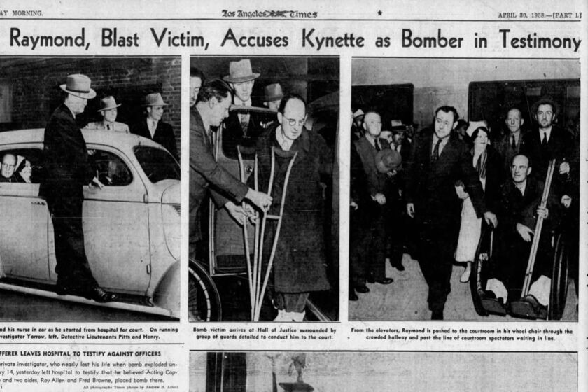 Clipping of April 1938 newspaper page showing photographs of the day Harry Raymond testified in court.