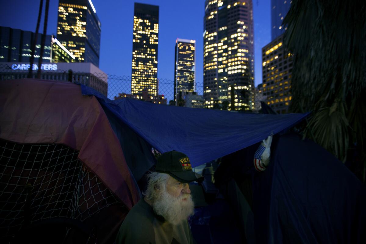 Theodore Neubauer, a Vietnam War veteran, lives in a tent on South Beaudry Avenue