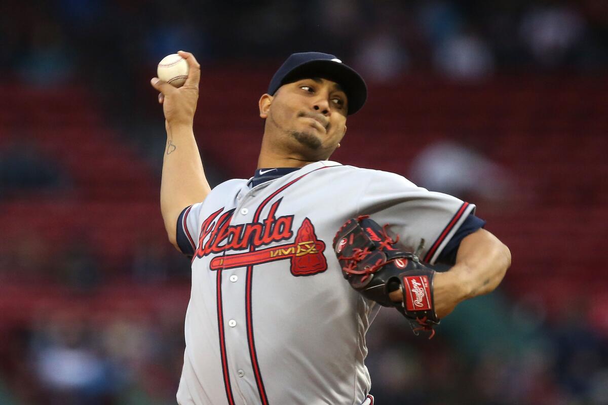 Jhoulys Chacin pitches for the Atlanta Braves against the Red Sox in Boston on April 28.
