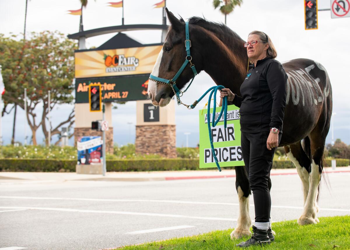 Gibran Stout with horse Finn at Costa Mesa City Hall to protest increased boarding rates at the OC fairgrounds.