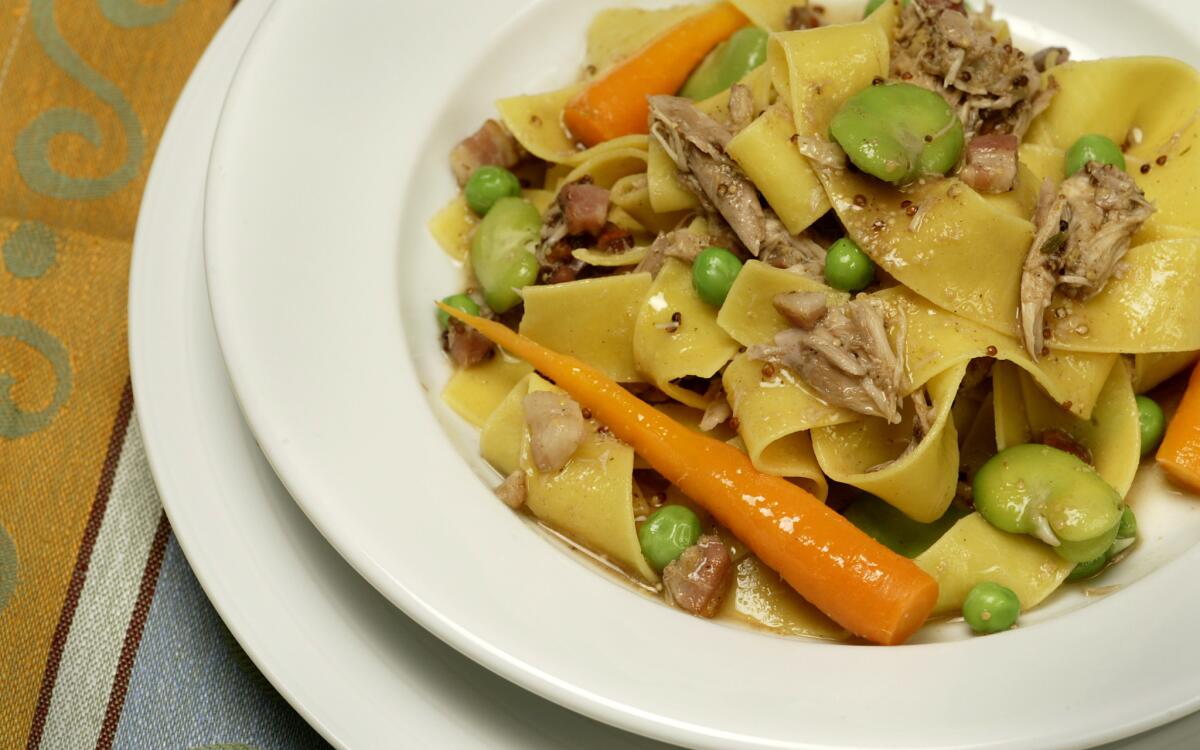 Braised rabbit pappardelle with spring vegetables
