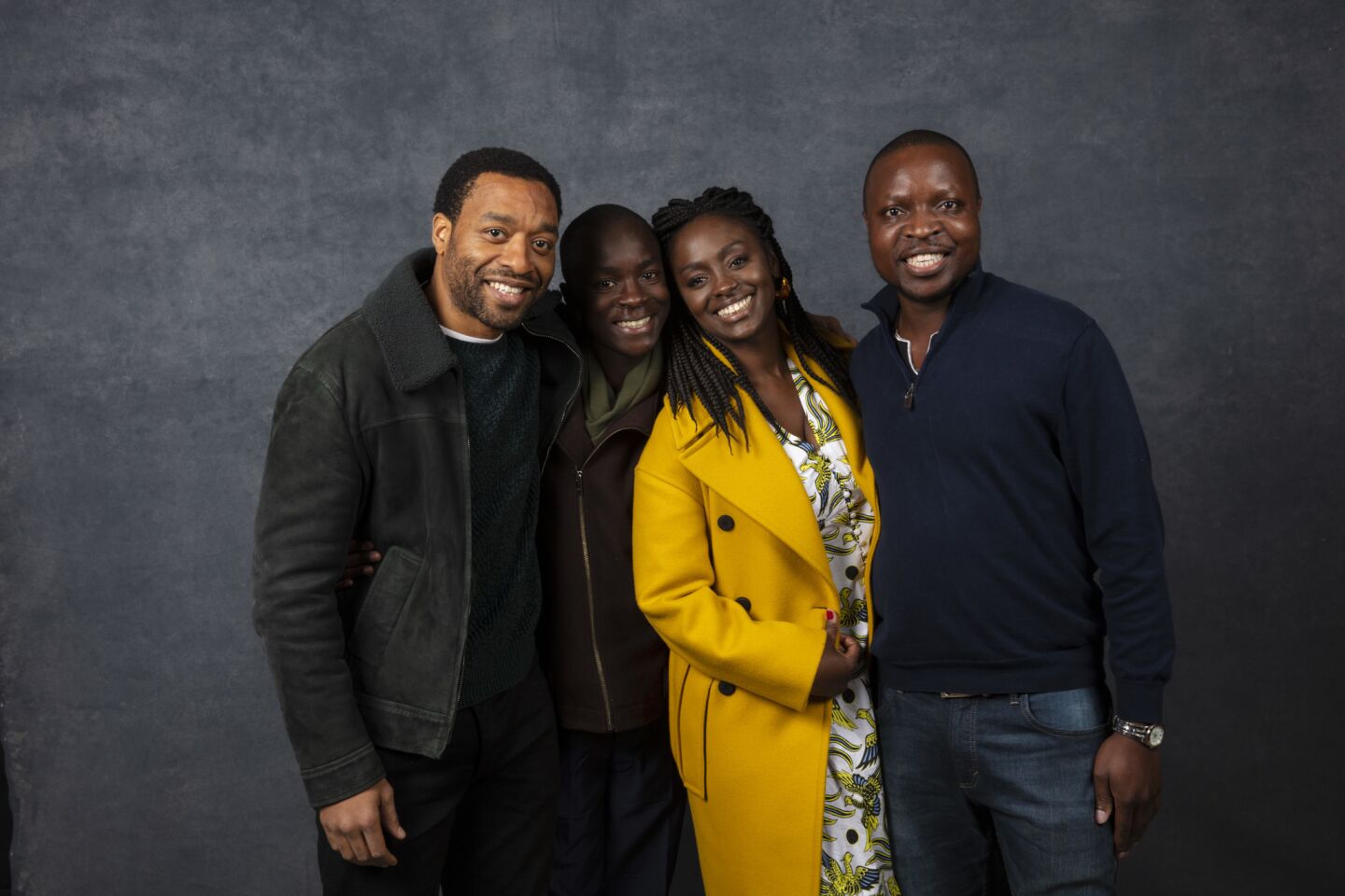 Director Chiwetel Ejiofor, actor Maxwell Simba, actress Aissa Maiga and William Kamkwamba from the film "The Boy Who Harnessed the Wind."