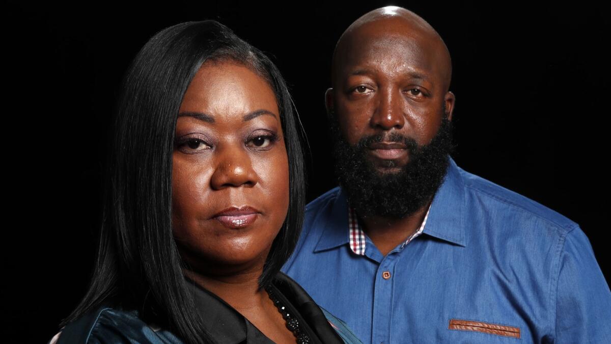 Trayvon Martin's parents, Tracy Martin and Sybrina Fulton, are photographed at the Viceroy L' Ermitage hotel in Beverly Hills on July 26, 2018.
