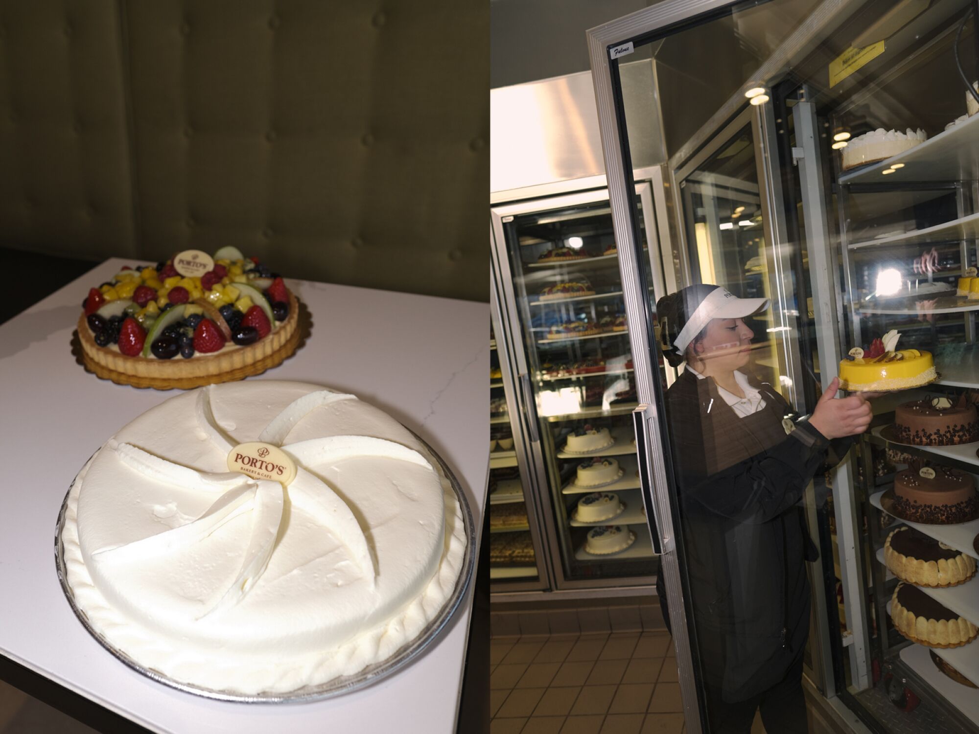 Two cakes on a table, left; a woman takes a cake out of a refrigerator.